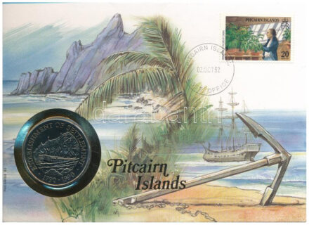 Pitcairn-szigetek 1990. 1$ Cu-Ni 'A Pitcairn szigetek gyarmatosításának 200. évfordulója' forgalomba nem került emlékkiadás felbélyegzett borítékban, bélyegzéssel, német nyelvű leírással T:UNC patina Pitcairn Islands 1990. 1 Dollar