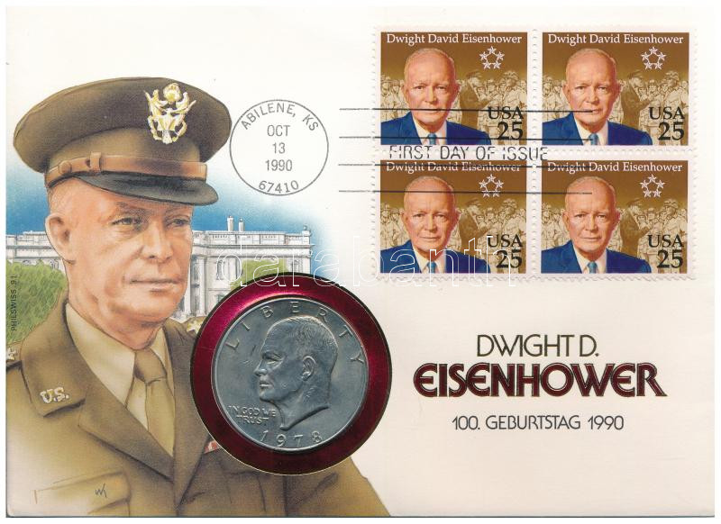 Amerikai Egyesült Államok 1978. 1$ Cu-Ni 'Eisenhower' felbélyegzett borítékban, első napi bélyegzéssel, német nyelvű leírással T:AU patina USA 1978. 1 Dollar Cu-Ni 'Eisenhower' in envelope with first day of issue stamp, cancellation and