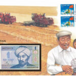 Kazahsztán 1993. 1T felbélyegzett borítékban, bélyegzéssel T:UNC Kazakhstan 1993. 1 Tenge in envelope with stamp and cancellation C:UNC