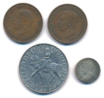 Nagy-Britannia 1936. 1p bronz 'V. György' + 1946. 1p bronz 'VI. György' + 1977. 25p Cu-Ni 'II. Erzsébet ezüst jubileum' + Új-Zéland 1933. 6p Ag 'V. György' T:XF-F United Kingdom 1936. 1 Penny bronze 'George V' + 1946. 1 Penny bronze 'George