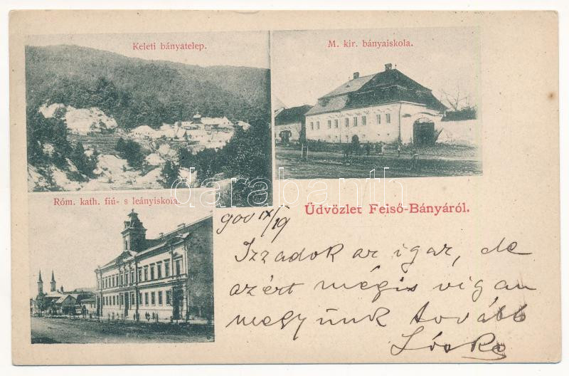 1900 Felsőbánya, Baia Sprie; Keleti bányatelep, M. kir. bányaiskola, Római katolikus fiú- és leányiskola / mine, miners' school, Catholic school (Rb)