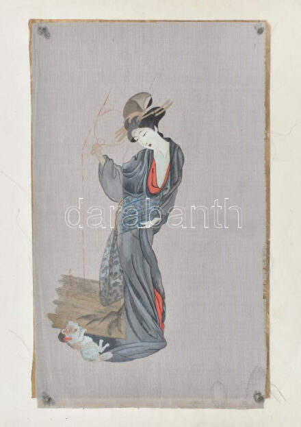 Jelzés nélkül, feltehetően japán művész: Női alak macskával. Akvarell, selyem. Alja sérült és kissé foltos. Papírra kasírozva. 34x21 cm