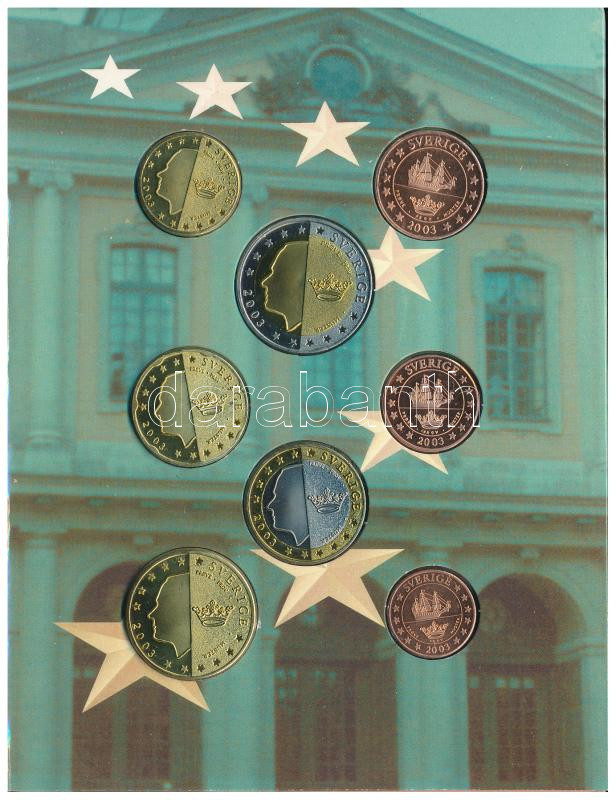Svédország 2003. 1c-2E (8xklf) próbaveret forgalmi sor karton dísztokban T:UNC Sweden 2003. 1 Cent - 2 Euro (8xdiff) trial strike coin set in cardboard case C:UNC - Image 2