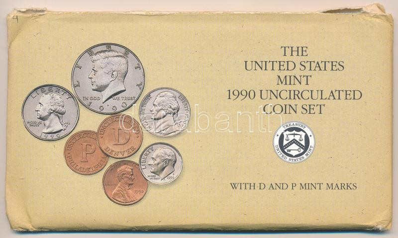 Amerikai Egyesült Államok 1990P 1c-1/2$ (5xklf) + 'Philadelphia' zseton forgalmi sor lezárt fóliatokban + 1990D 1c-1/2$ (5xklf) + 'Denver' zseton forgalmi sor lezárt fóliatokban, közös borítékban, tanúsítvánnyal, megrendelőlappal