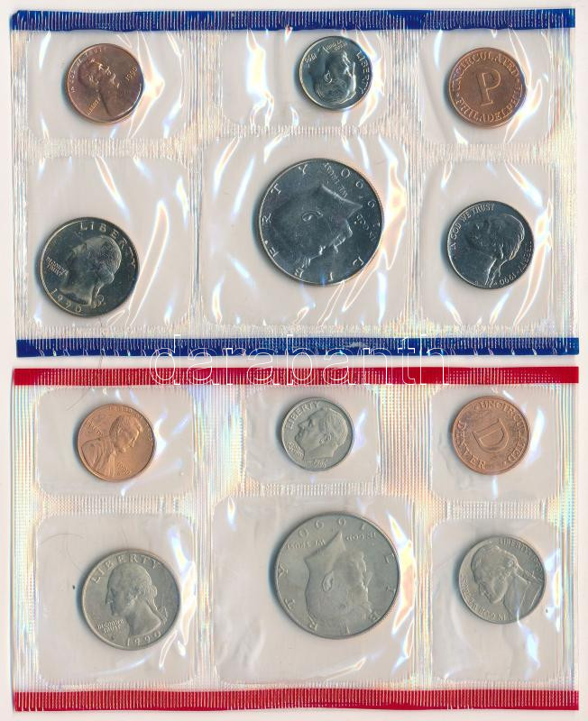 Amerikai Egyesült Államok 1990P 1c-1/2$ (5xklf) + 'Philadelphia' zseton forgalmi sor lezárt fóliatokban + 1990D 1c-1/2$ (5xklf) + 'Denver' zseton forgalmi sor lezárt fóliatokban, közös borítékban, tanúsítvánnyal, megrendelőlappal - Image 2