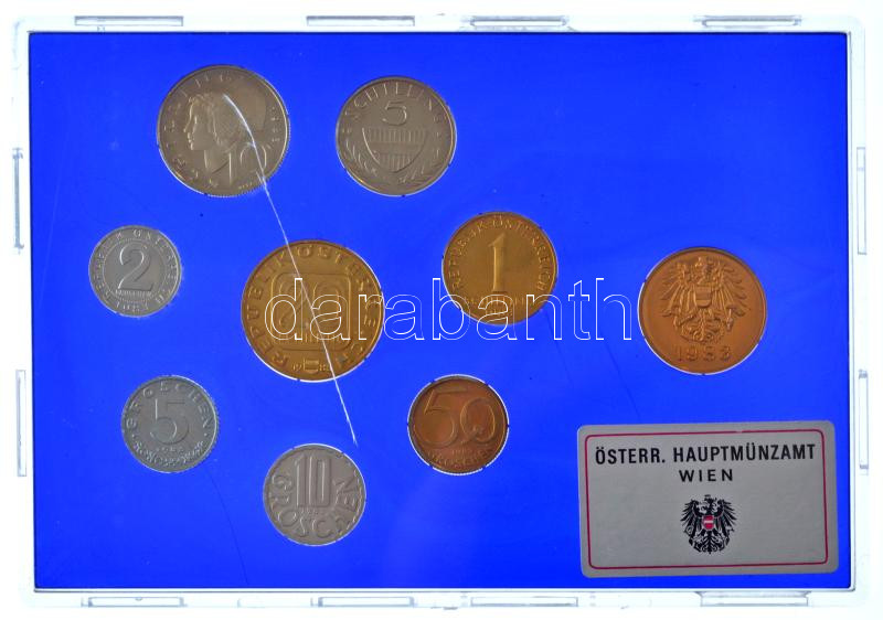 Ausztria 1983. 2gr-20Sch (8xklf) forgalmi sor + Bécsi Verde zseton, eredeti tokban T:PP sérült tok Austria 1983. 2 Groschen - 20 Schilling (8xdiff) coin set + Vienna Mint token, in original case C:PP damaged case - Image 2