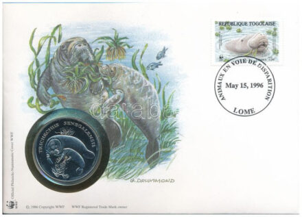 Togó DN (1991) 'A Világ Vadvédelmi Alap (WWF) 30. évfordulója - Trichechus Senegalensis (Afrikai manátusz)' kétoldalas fém emlékérem érmés borítékban, bélyeggel és bélyegzéssel, német nyelvű ismertetővel T:UNC,AU Togo ND (1991)