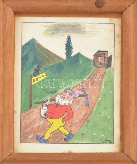 Olvashatatlan jelzéssel: Toalettről jövő, fütyürésző törpe. Vegyes technika, papír, üvegezett keretben. kis foltokkal, 19x13 cm