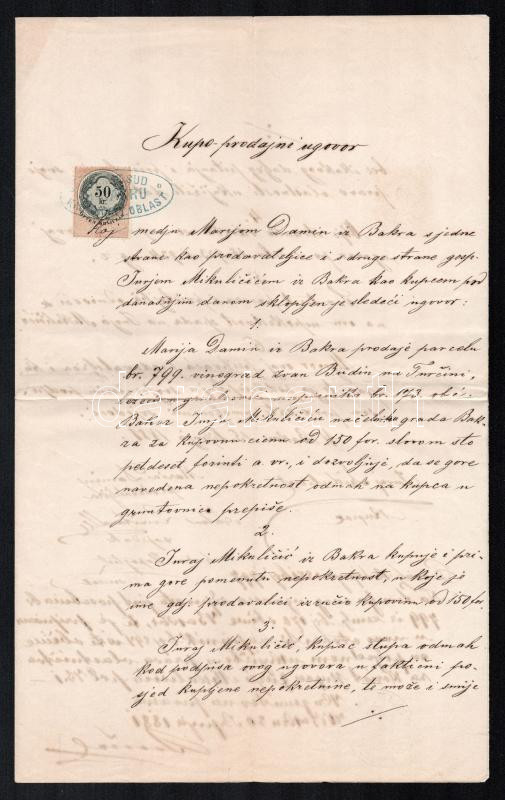 Bakar 1881 Adásvételi szerződés 50kr okmánybélyeggel