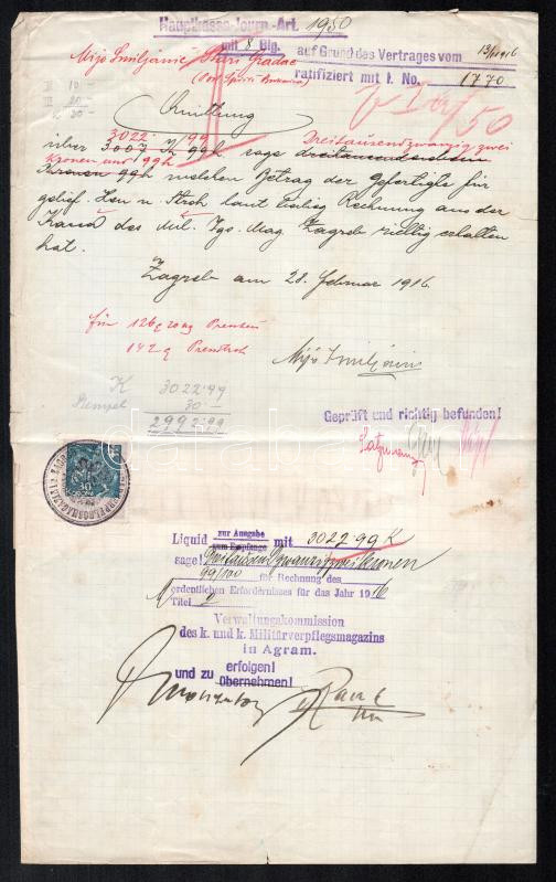 Zágráb 1916 Nyugta 30K okmánybélyeggel