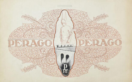 Révész Kornél (1885-1944): Perago Rt. (art deco terv, 1925 körül). Tus, papír, jelezve középen lent. Lapszéli kisebb szakadással, hajtásnyommal. 27,5x43 cm