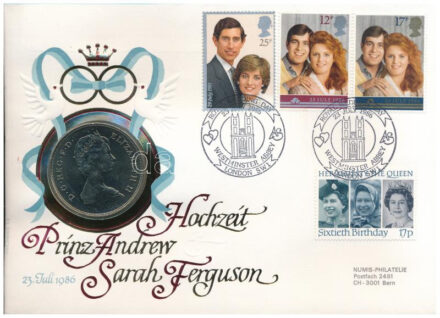 Nagy-Britannia 1980. 25p Cu-Ni 'Erzsébet anyakirályné 80. születésnapja' érmés borítékban, bélyeggel és alkalmi bélyegzéssel, német nyelvű leírással T:UNC,AU patina Great Britain 1980. 25 Pence Cu-Ni '80th birthday of Queen