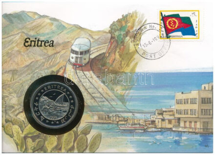 Eritrea 1993. 1$ Cu-Ni 'Függetlenség Napja' felbélyegzett borítékban, bélyegzéssel, német nyelvű leírással T:UNC Eritrea 1993. 1 Dollar Cu-Ni 'Independence Day' in envelope with stamp, cancellation, and a description in german C:UNC