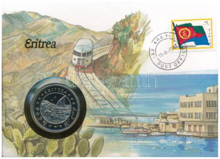 Eritrea 1993. 1$ Cu-Ni 'Függetlenség Napja' felbélyegzett borítékban, bélyegzéssel, német nyelvű leírással T:UNC patina Eritrea 1993. 1 Dollar Cu-Ni 'Independence Day' in envelope with stamp, cancellation, and a description in german