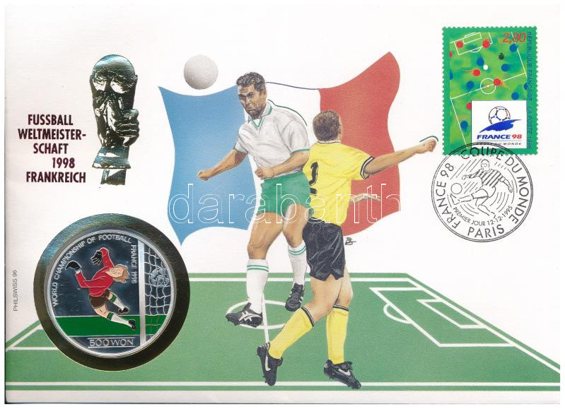 Észak-Korea 1996. 500W Ag 'Labdarúgó-világbajnokság - Franciaország 1998' részben multicolor emlékérme, érmés borítékban, bélyeggel, bélyegzéssel, német nyelvű leírással T:PP patina North Korea 1996. 500 Won Ag 'Football World