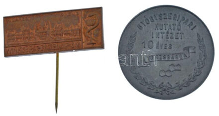 1963. 'Budapest - Winkler Centenárium' bronz jelvény, Winkler Lajos (1863-1939) kémikus, gyógyszervegyész tiszteletére rendezett nemzetközi kongresszus hivatalos jelvénye (18x43mm) + ~1970-1980. 'Gyógyszeripari Kutató Intézet - 10 éves