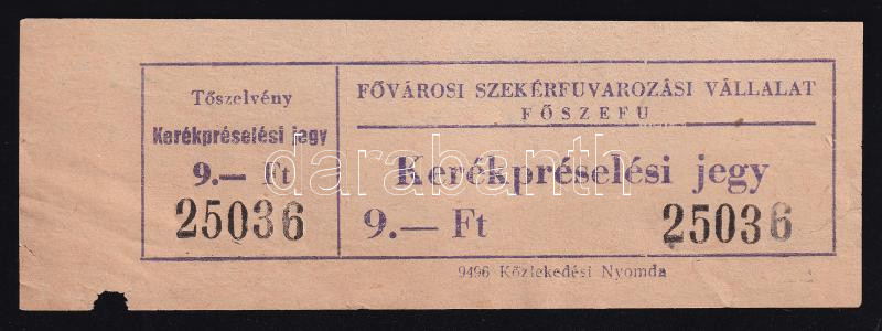 cca 1950 A Fővárosi Szekérfuvarozási Vállalat kerékpréselési jegye, szép állapotban