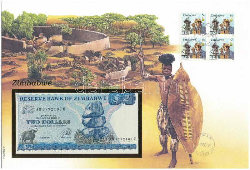 Zimbabwe 1994. 2$, felbélyegzett borítékban, bélyegzéssel T:UNC Zimbabwe 1994. 2 Dollars in envelope with stamp and cancellation C:UNC