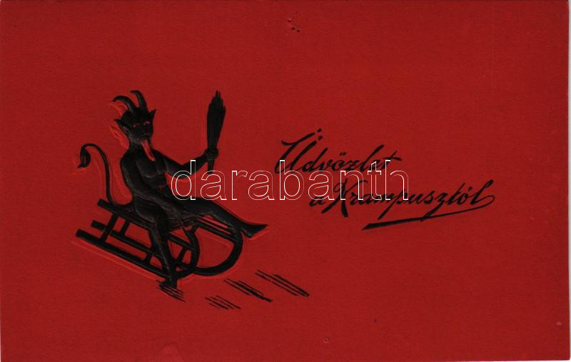 Üdvözlet a Krampusztól / Krampus with birch and sled. Emb. (lyukak / pinholes)