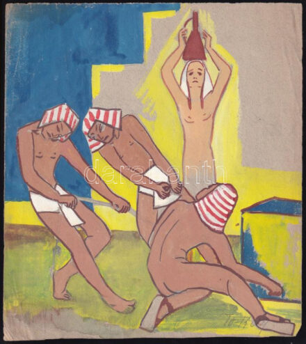 Tokay Ilona (1907-1988): Jelenet. Akvarell, ceruza, papír, jelezve jobbra lent, jobb alsó sarkában apró sérüléssel, 23×21 cm