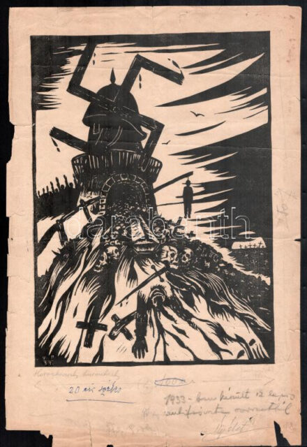 Varsányi Pál (1902-1990): Horogkereszt, 1933. Linómetszet, papír, jelzett, sérült, 31×22,5 cm