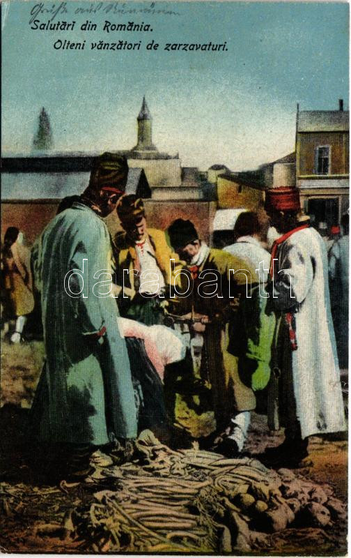 1918 Salutari din Romania. Olteni vanzatori de zarzavaturi / Romanian folklore, vegetable seller at the market (cut)