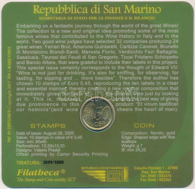 San Marino 2007. 50c díszcsomagolásban, benne 10db san marinoi bélyeggel T:UNC San Marino 2007. 50 Cent in decorative case, within 10pcs stamps from San Marino C:UNC - Image 2