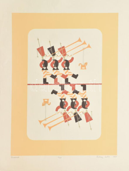 Rákosy Anikó (1948-): Huszárok. Linómetszet, papír, jelzett, 51x37 cm