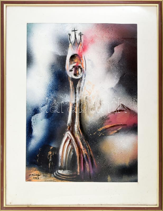 Király Sándor, D. (1958-): Bocskaikert, ökumenikus templom. Vegyes technika, papír. Jelzett, hátoldalán címkén feliratozott, üvegezett keretben. 55x36 cm