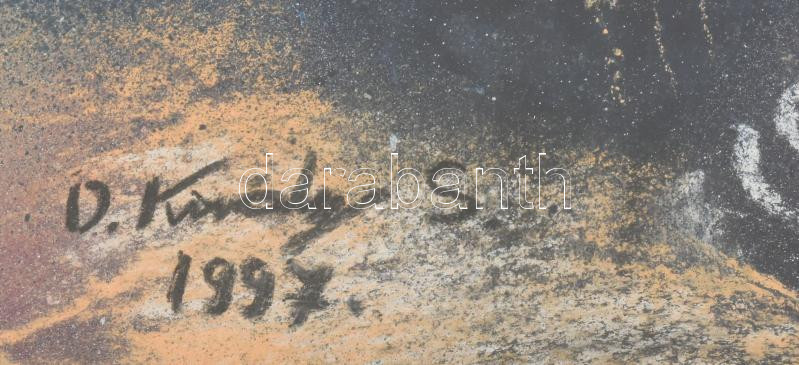 Király Sándor, D. (1958-): Bocskaikert, ökumenikus templom. Vegyes technika, papír. Jelzett, hátoldalán címkén feliratozott, üvegezett keretben. 55x36 cm - Image 2