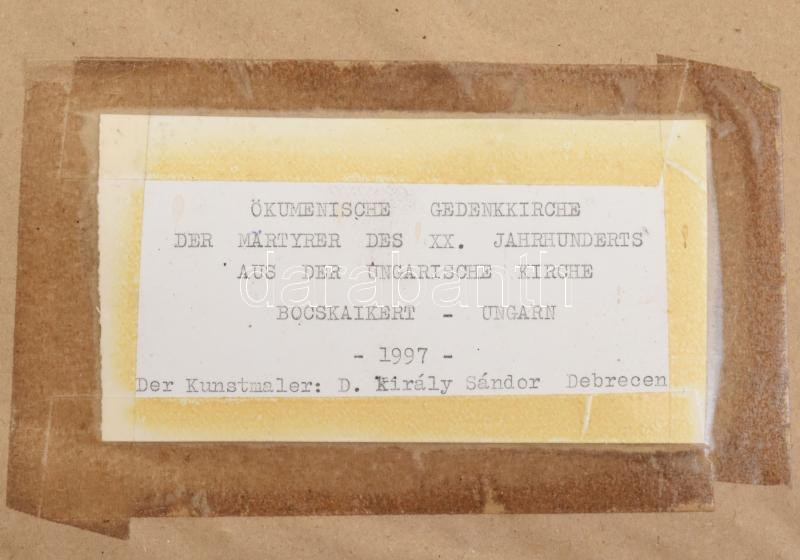 Király Sándor, D. (1958-): Bocskaikert, ökumenikus templom. Vegyes technika, papír. Jelzett, hátoldalán címkén feliratozott, üvegezett keretben. 55x36 cm - Image 3