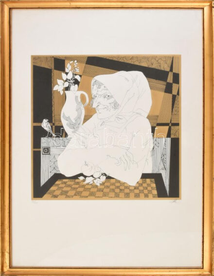 Szász Endre (1926-2003): Sakktábla előtt. Szitanyomat, papír, jelzett, sorszámozással 37/100. Dekoratív, üvegezett fakeretben, 39x39 cm