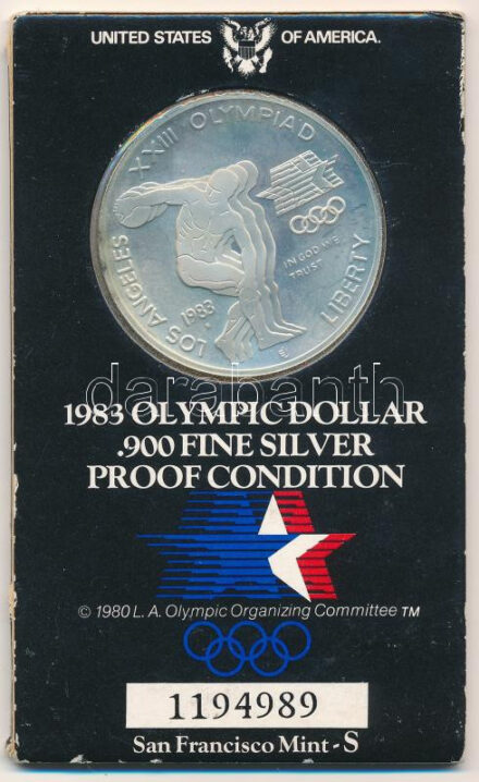 Amerikai Egyesült Államok 1983S 1$ Ag 'XXIII. Nyári Olimpiai Játékok, Los Angeles' eredeti, sorszámozott karton díszcsomagolásban T:PP patina, a csomagolás kissé kopott USA 1983S 1 Dollar Ag 'Los Angeles XXIII Olympiad' in original,