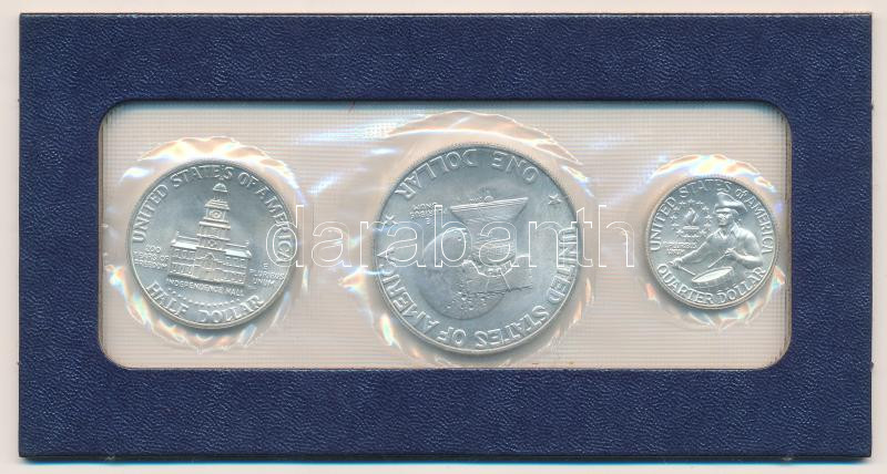 Amerikai Egyesült Államok 1976S 1/4$ Ag 'Washington' + 1/2$ Ag 'Kennedy' + 1$ Ag 'Eisenhower' 'Bicentennial' szettben, műanyag vákuum csomagolásban és karton keretben, angol nyelvű tájékoztatóval, eredeti piros műbőr borítékban - Image 2