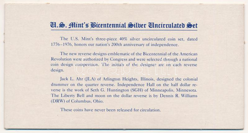 Amerikai Egyesült Államok 1976S 1/4$ Ag 'Washington' + 1/2$ Ag 'Kennedy' + 1$ Ag 'Eisenhower' 'Bicentennial' szettben, műanyag vákuum csomagolásban és karton keretben, angol nyelvű tájékoztatóval, eredeti piros műbőr borítékban - Image 4