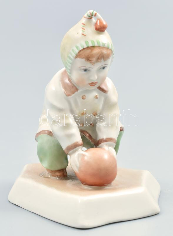 Zsolnay porcelán 'Labdás Öcsi'. Kézzel festett, jelzett (tervező: Sinkó András), egyik talpánál ragasztás nyomaival, m: 13 cm