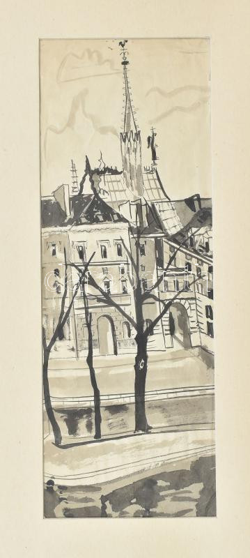 Jelzés nélkül: Párizsi részlet (Quai des Grands Augustins). Lavírozott tus, papír, paszpartuban, paszpartu alatt címmel feliratozott. 31,5x11 cm.