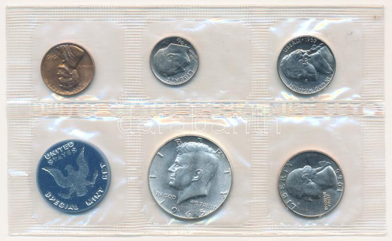 Amerikai Egyesült Államok 1965. 1c - 1/2$ (5xklf) forgalmi sor műanyag csomagolásban T:UNC USA 1965. 1 Cent - 1/2 Dollar (5xdiff) coin set in foil packing C:UNC