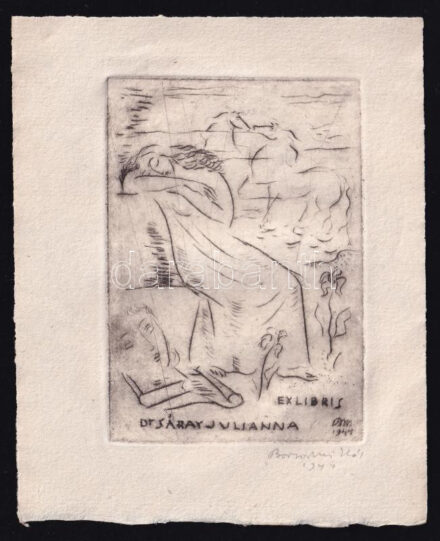 Borsos Miklós (1906-1990): Ex libris dr. Sáray Julianna, 1944. Rézkarc, papír, jelzett, 9,5×6,5 cm
