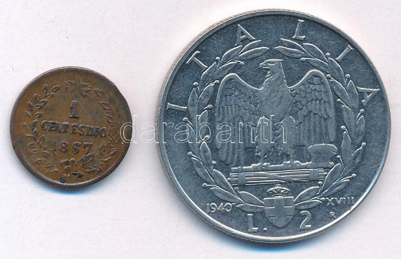 Olaszország 1867M 1c Cu 'II. Viktor Emánuel' + 1940. 2L acél 'III. Viktor Emánuel' T:F,XF Italy 1867M 1 Centesimi Cu 'Vittorio Emanuele II' + 1940. 2 Lire steel 'Vittorio Emanuele III' C:F,XF - Image 2