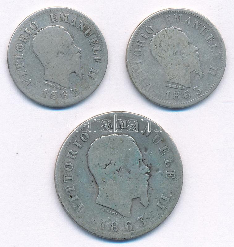 Olaszország 1833M 50c Ag 'II. Viktor Emánuel' + 1863N 50c Ag 'II. Viktor Emánuel' + 1863M 1L Ag 'II. Viktor Emánuel' T:F,VG Italy 1833M 50 Centesimi Ag 'Vittorio Emanuele II' + 1863N 50c Ag 'Centesimi Ag 'Vittorio Emanuele II' + 1863M 1 Lire