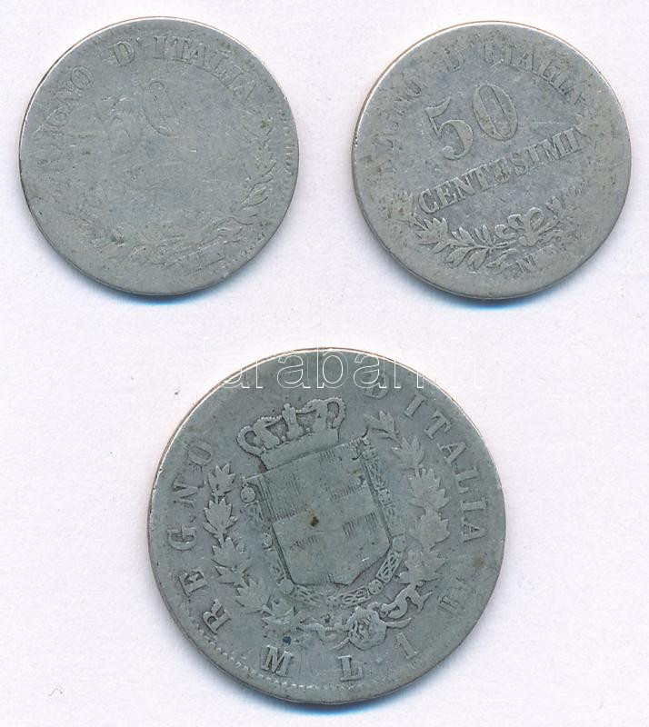 Olaszország 1833M 50c Ag 'II. Viktor Emánuel' + 1863N 50c Ag 'II. Viktor Emánuel' + 1863M 1L Ag 'II. Viktor Emánuel' T:F,VG Italy 1833M 50 Centesimi Ag 'Vittorio Emanuele II' + 1863N 50c Ag 'Centesimi Ag 'Vittorio Emanuele II' + 1863M 1 Lire - Image 2