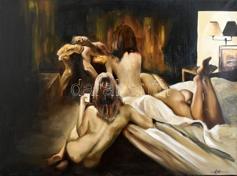 Nagy (Boglárka) Alíz (2001-): Gossip. Olaj, vászon. Jelezve jobbra lent, hátoldalán autográf felirattal. 60x80 cm. / oil on canvas, signed,