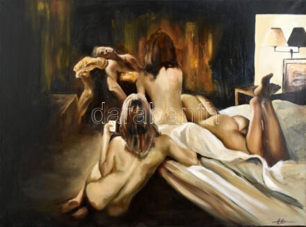 Nagy (Boglárka) Alíz (2001-): Gossip. Olaj, vászon. Jelezve jobbra lent, hátoldalán autográf felirattal. 60x80 cm. / oil on canvas, signed,