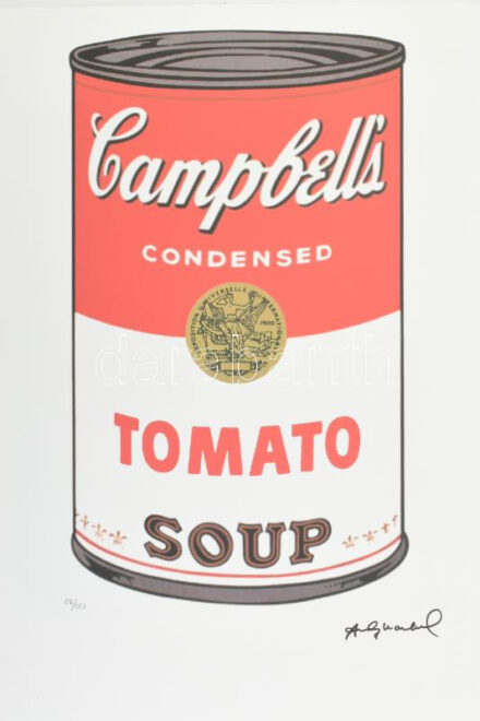 Andy Warhol (1928-1987): Campbell's soup can. szitanyomat, papír. Sorszámozott: 28/125, jelzett a nyomaton. Andy Warhol galéria szárazpecséttel és pecséttel jelzett, Lapméret 50x37 cm