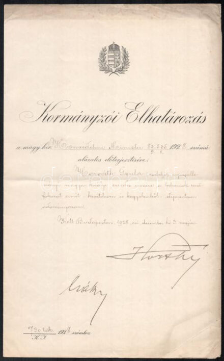 1928 Kormányzói Elhatározás: tábornoki rendfokozatot adományozása zsebelyi Horváth Gyula ny. m. kir. ezredes részére, Vitéz nagybányai Horthy Miklós (1868-1957) és Gróf körösszegi és adorjáni Csáky Károly (1873-1945) tábornok,