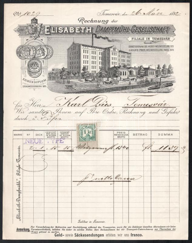 1892 Temesvár, Elisabeth Dampfmühl-Gesellschaft fejléces számla a gyár látképével, 1 kr okmánybélyeggel