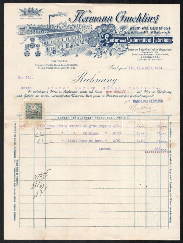 1914 Bp., Hermann Gmehling Leder und Ledermöbel Fabriken fejléces számla, rajta a gyár látképével