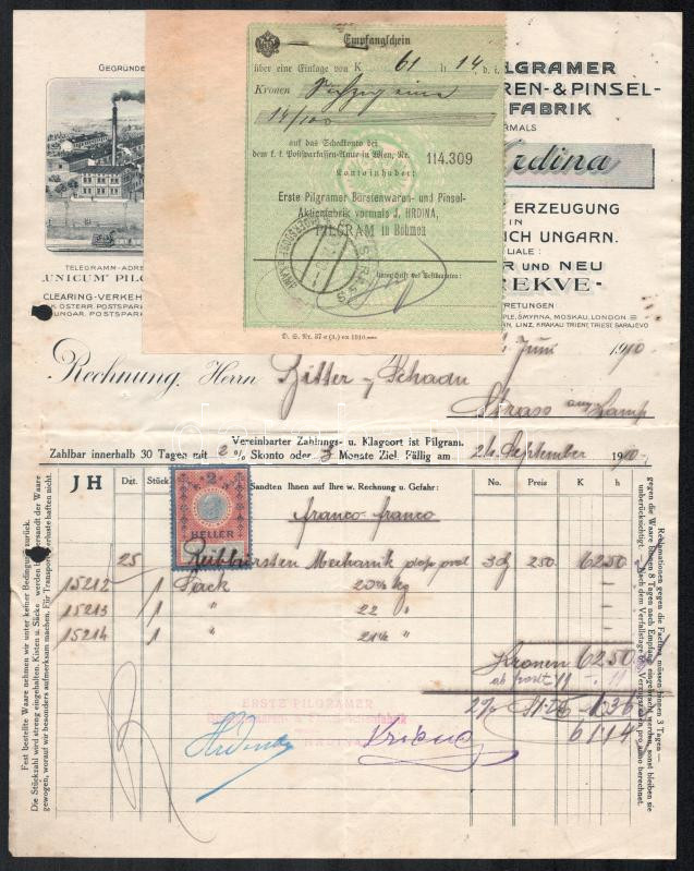 1910 Pilgram, Erste Pilgramer Bürstenwaaren- & Pinsel-Actienfabrik fejléces számla, rajta a gyár látképével