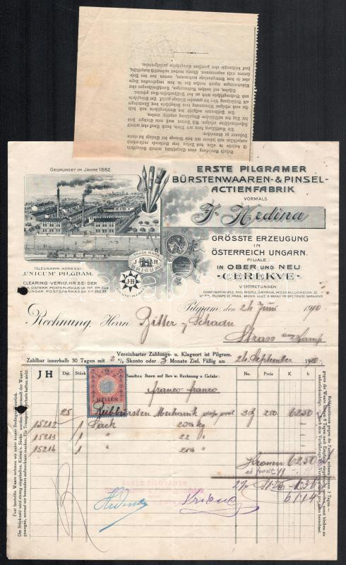 1910 Pilgram, Erste Pilgramer Bürstenwaaren- & Pinsel-Actienfabrik fejléces számla, rajta a gyár látképével - Image 2